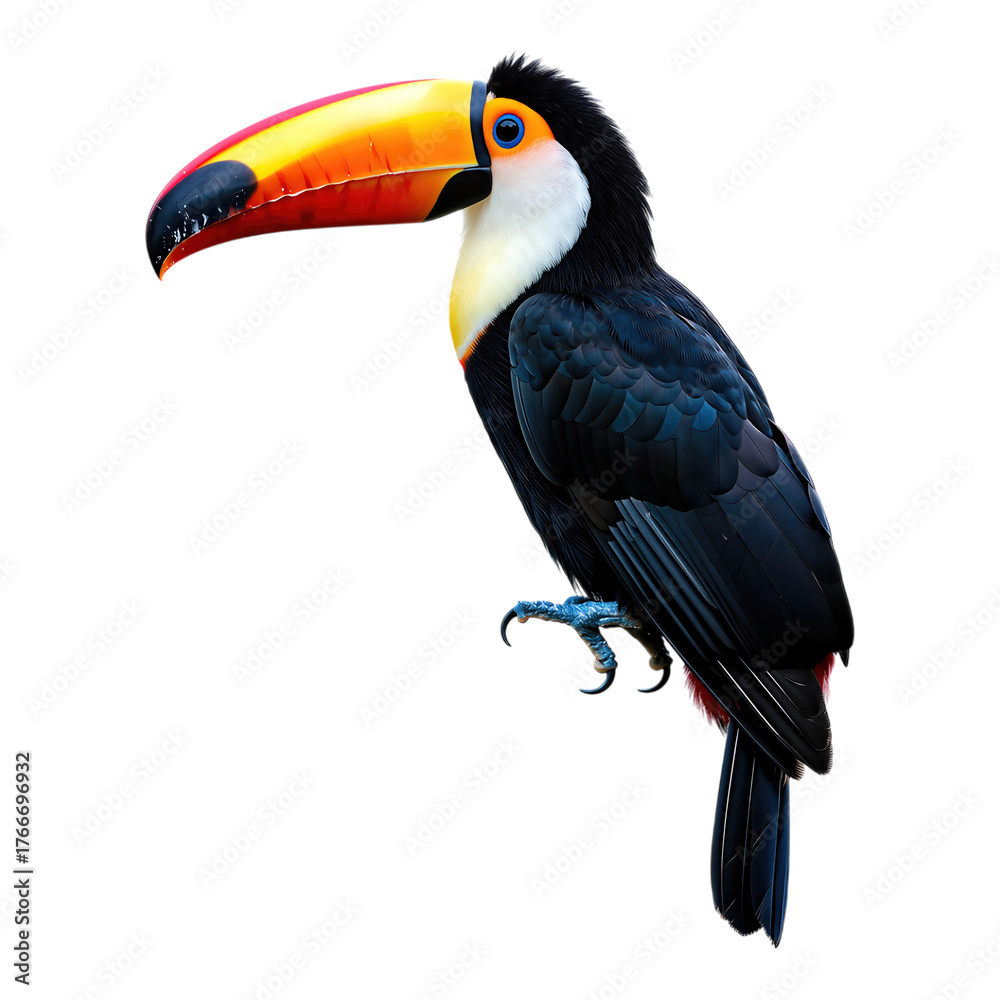 Fototapeta premium Vibrant toucan with colorful beak and striking blue eyes