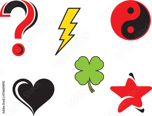 Red black question mark yellow lightning bolt yin yang green clover black heart red star graphic symbols