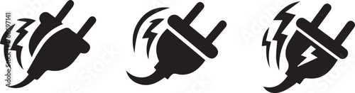 Three black electrical plugs with lightning bolt symbols on white background electricity power