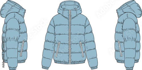 Blue puffer jacket sketch, front and side view, hooded design, quilted pattern, fashion illustration, cad drawing, flat vector, garment concept