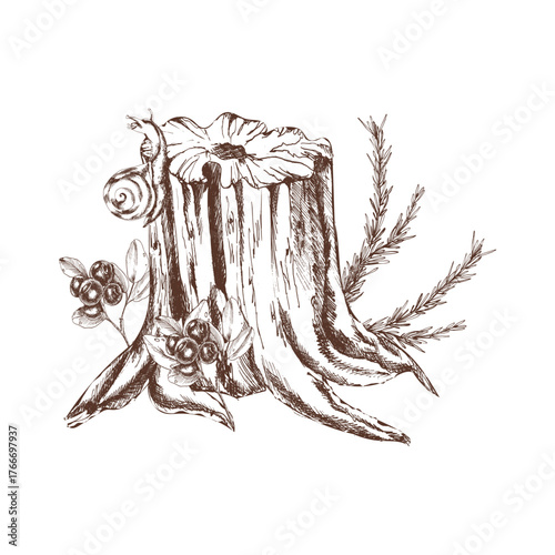 Forest wild stump with snail, blueberries and spruce ink graphics illustration. Hand drawn vector clipart, wildlife botanical painting for seasonal craft packing ,eco poster design.