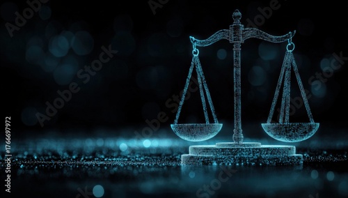 A glowing digital scale symbolizing justice, set against a dark, blurred background, representing balance and law in a modern context.