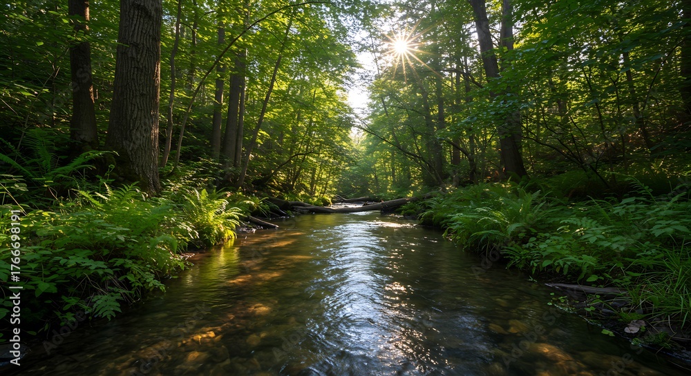 Fototapeta premium Sunlight filtering through lush green forest canopy onto a clear forest stream.