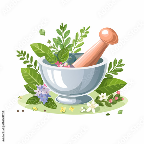 Herbal medicine preparation with mortar and pestle, natural remedies.