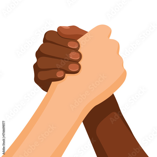 Diverse hands locked in strong clasp, symbolizing unity and partnership.