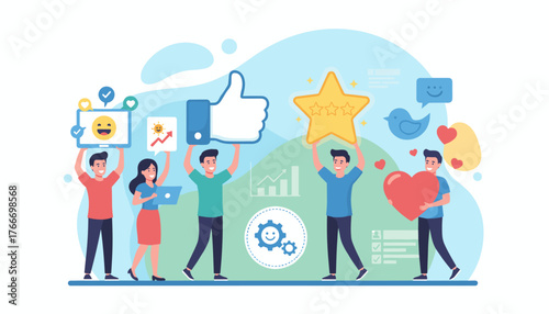 Diverse group of people celebrating positive social media feedback and customer reviews, holding icons like thumbs up, stars, hearts, and smiley faces, representing engagement, satisfaction, and