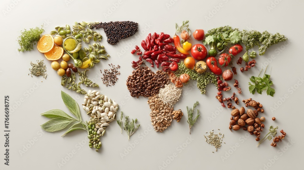 Fototapeta premium Artistic Representation of the World Map Created with a Variety of Fresh Vegetables, Fruits, and Herbs Symmetrically Arranged on a Light Background