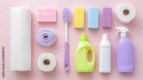 Colorful Cleaning Supplies Arranged on Pink Background for Home and Office Maintenance, Featuring Various Tools and Solutions for Effective Cleaning Tasks
