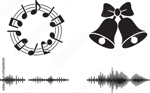 Holiday Symbols Sound Wave Jingle Bells Musical Notes Black Icon Silhouette Graphic