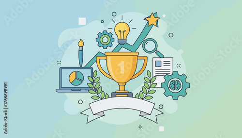 Vibrant flat design infographic celebrating success and achievement, featuring a golden trophy, a rising graph with a star, a lightbulb for ideas, gears symbolizing process, a laptop with charts, a