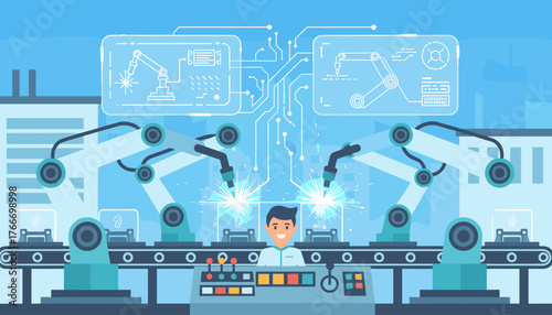 Modern digital manufacturing process with robotic arms performing welding on a conveyor belt, overseen by a smiling operator at a control panel, illustrating industry 4.0 and automation in a