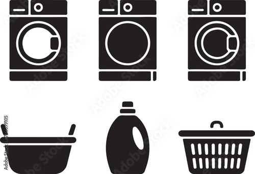 Laundry Appliance Icons Cleaning Washing Machine Clothes Dryer Basket Detergent Domestic