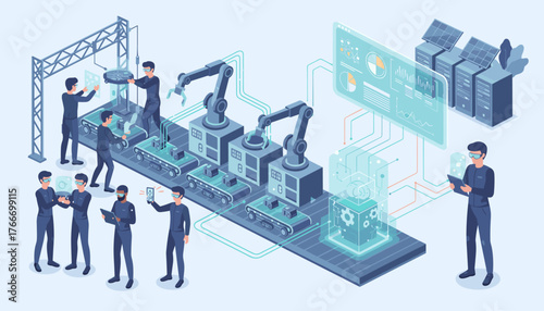 Futuristic automated production line with robotic arms, conveyor belts, and engineers in VR headsets overseeing operations, symbolizing smart manufacturing, Industry 4.0, and technological