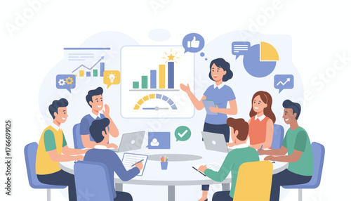 Diverse team collaborating in a modern office meeting, presenting growth charts and data analytics on a screen, symbolizing business success, teamwork, and strategic planning with positive feedback