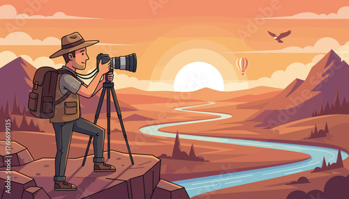 Adventurous photographer with a backpack and camera on a tripod captures a breathtaking desert landscape at sunset, with a winding river, distant mountains, hot air balloon, and soaring eagle under a