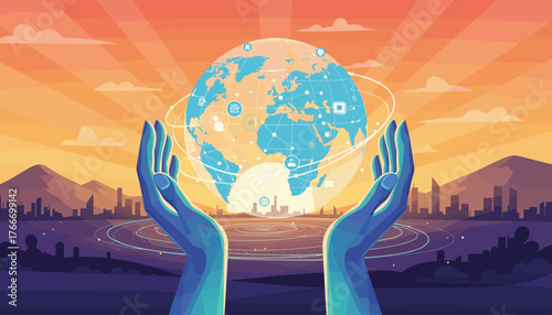 Abstract science concept with global network connections, hands holding the Earth with digital data streams and futuristic city skyline in the background during a vibrant sunset, representing