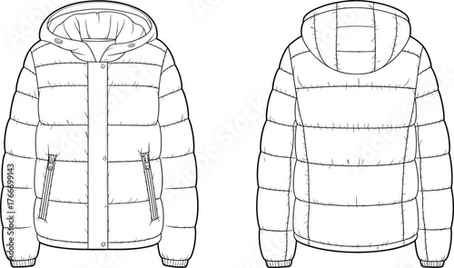 Puffer jacket sketch, front and back view, hooded design, snap-button closure, quilted pattern, cad drawing, flat vector, garment illustration