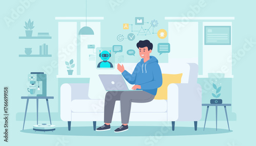 Modern home interior scene showcasing a young man interacting with an AI assistant via laptop, symbolizing technology integration in daily life, with elements like a robot vacuum, coffee machine, and