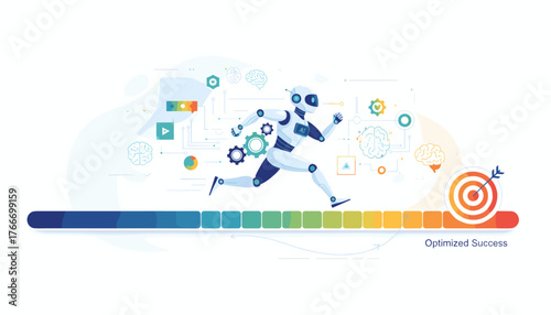 Futuristic AI robot running towards a target with an arrow, symbolizing optimized success and progress, surrounded by technological icons and gears, representing artificial intelligence