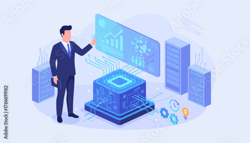 Isometric illustration of a businessman interacting with a futuristic holographic interface displaying charts and data, surrounded by servers and glowing circuits, representing artificial