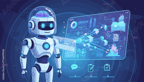 Futuristic AI robot with a glowing brain inside a transparent helmet, interacting with a holographic interface displaying charts, data, and icons representing learning and communication, set against