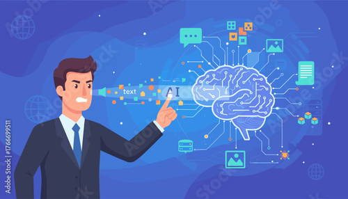 Dynamic illustration of a businessman interacting with a stylized AI brain, symbolizing artificial intelligence, data processing, and technological advancement, set against a futuristic blue