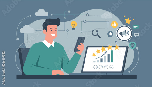 Positive customer feedback and online reputation management concept, a smiling businessman analyzes data on a laptop and smartphone, with icons representing stars, charts, likes, search, and