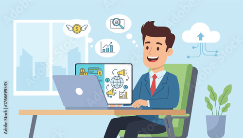 Smiling businessman in a suit working on a laptop, surrounded by icons representing online banking, financial growth, marketing, and cloud technology, symbolizing digital business and success in a