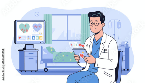 Modern cardiologist in a hospital room, wearing glasses and a white coat, analyzing patient's vital signs and EKG on a tablet, with a monitor displaying heart rate and a hospital bed in the