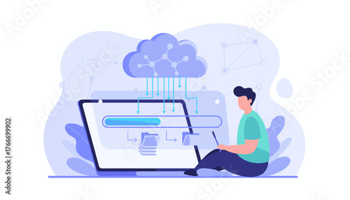Modern flat illustration of a person sitting and interacting with a laptop, showing data processing and cloud downloading concept with progress bar and file transfer visualization, symbolizing