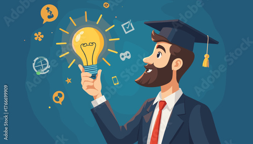 Elearning Graduate Certificate Program Concept: A Bearded Man in a Graduation Cap Holds a Glowing Light Bulb, Symbolizing Innovation and Knowledge Acquisition, Surrounded by Icons of Technology and