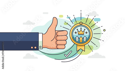 Conceptual illustration of a thumbs-up gesture and a golden award badge with crowns and upward arrows, symbolizing endorsement, recommendation, quality, success, and achievement in business or