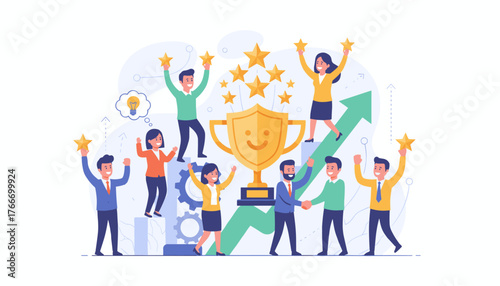 Successful business team celebrating victory with a golden trophy and stars, symbolizing employee engagement, commitment, and motivation, with upward trending graphs and gears indicating progress and