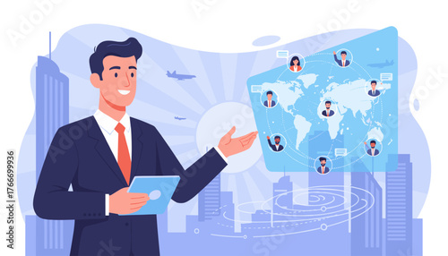 Dynamic illustration of a businessman in a suit interacting with a holographic global network interface, showcasing international connections and business expansion, with cityscapes and airplanes in
