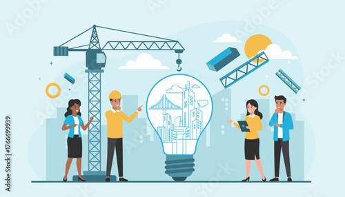 Diverse team of engineers and architects collaborating on a city development project, symbolized by a light bulb containing a cityscape and bridge, with construction elements like cranes and steel