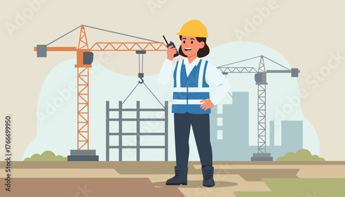 A smiling female engineer in a yellow hard hat and blue safety vest communicates using a walkie-talkie on a bustling construction site with cranes and building structures, symbolizing progress and