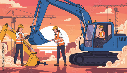 Diverse female engineers in hard hats and high-visibility vests collaborate on a construction site, inspecting and repairing heavy machinery like excavators and cranes against a vibrant sunset sky