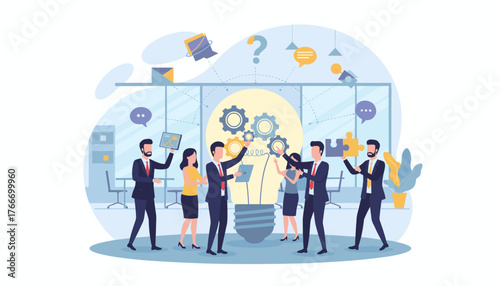 Diverse team of professionals collaborating around a giant glowing lightbulb symbolizing a brilliant idea, with gears turning and puzzle pieces fitting together, representing innovation, teamwork