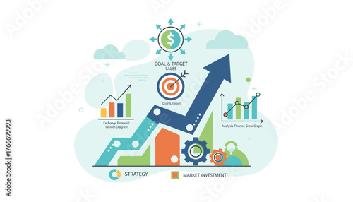 Vibrant flat design illustration depicting financial business growth strategy with upward trending arrow, bar charts, target icon, dollar sign, and gears symbolizing market investment and goal