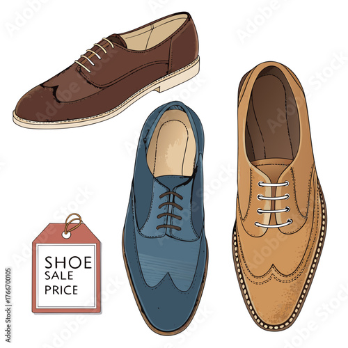 Vibrant Flat Illustration of Shoes for Sale with Discount Tag and Shopping Bag for E-commerce Banners