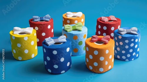 Colorful Decorative Tissue Holders with Polka Dots and Ribbons Arranged on Bright Blue Surface for Fun, Playful Home Decor Inspiration and Ideas