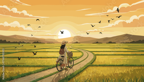 Serene sunset paints the sky in warm hues as a lone woman cycles along a winding path through lush, golden paddy fields, with birds soaring gracefully overhead, evoking a sense of peaceful solitude