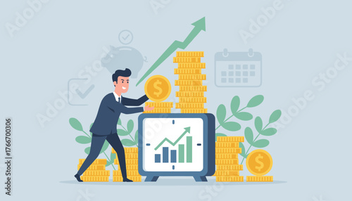 A businessman in a suit stacks coins, symbolizing long-term investment and savings, with a piggy bank, calendar, and growth charts indicating financial progress and tax time considerations in a