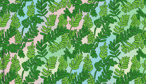 Seamless pattern of lush green fern leaves with a delicate outline, set against a soft, pastel gradient background featuring hues of blue, pink, and green, creating a fresh and vibrant natural