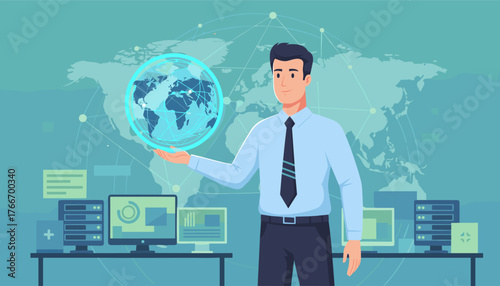 A businessman in a light blue dress shirt and dark tie holds a glowing blue digital globe in his palm, symbolizing global network connections and technology, set against a world map backdrop with
