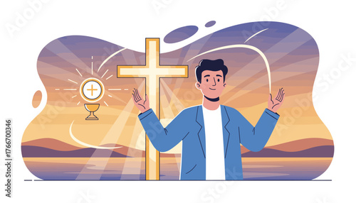 Vibrant illustration of a man with hands raised in prayer and worship before a glowing golden cross, with a chalice and host symbolizing the Eucharist, set against a dramatic sunset sky with