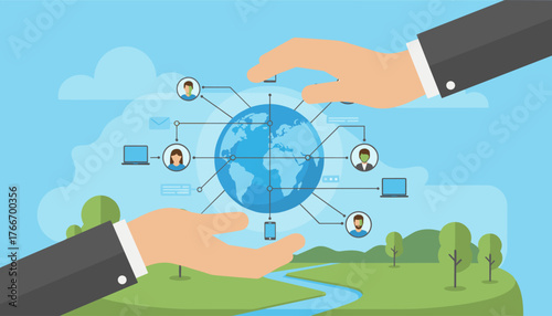 Hands cradling a vibrant blue globe, symbolizing global network connections and data flow, with icons representing people, laptops, and mobile devices linked by lines, set against a backdrop of a