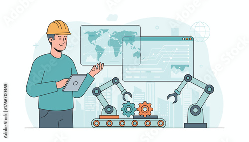 A smiling male engineer wearing a yellow hard hat, holding a tablet and overseeing an automated production line with robotic arms and gears, with digital world maps and data charts displayed on