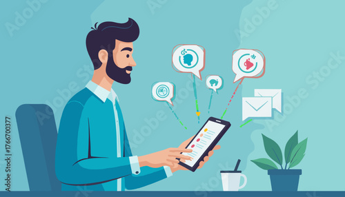 Modern man with beard, wearing a blue shirt, sits at a desk, interacting with an AI chatbot on his smartphone, with various thought bubbles and email icons floating around him, symbolizing