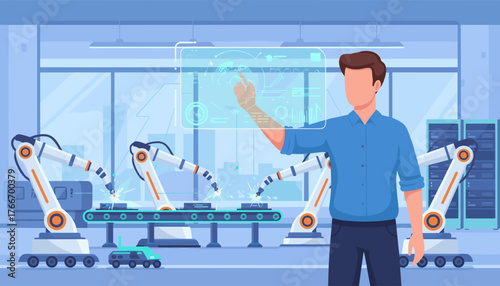 A manager or engineer interacts with a futuristic Industry 4.0 network interface, overseeing automated robotic arms on a factory assembly line, symbolizing advanced manufacturing and technological